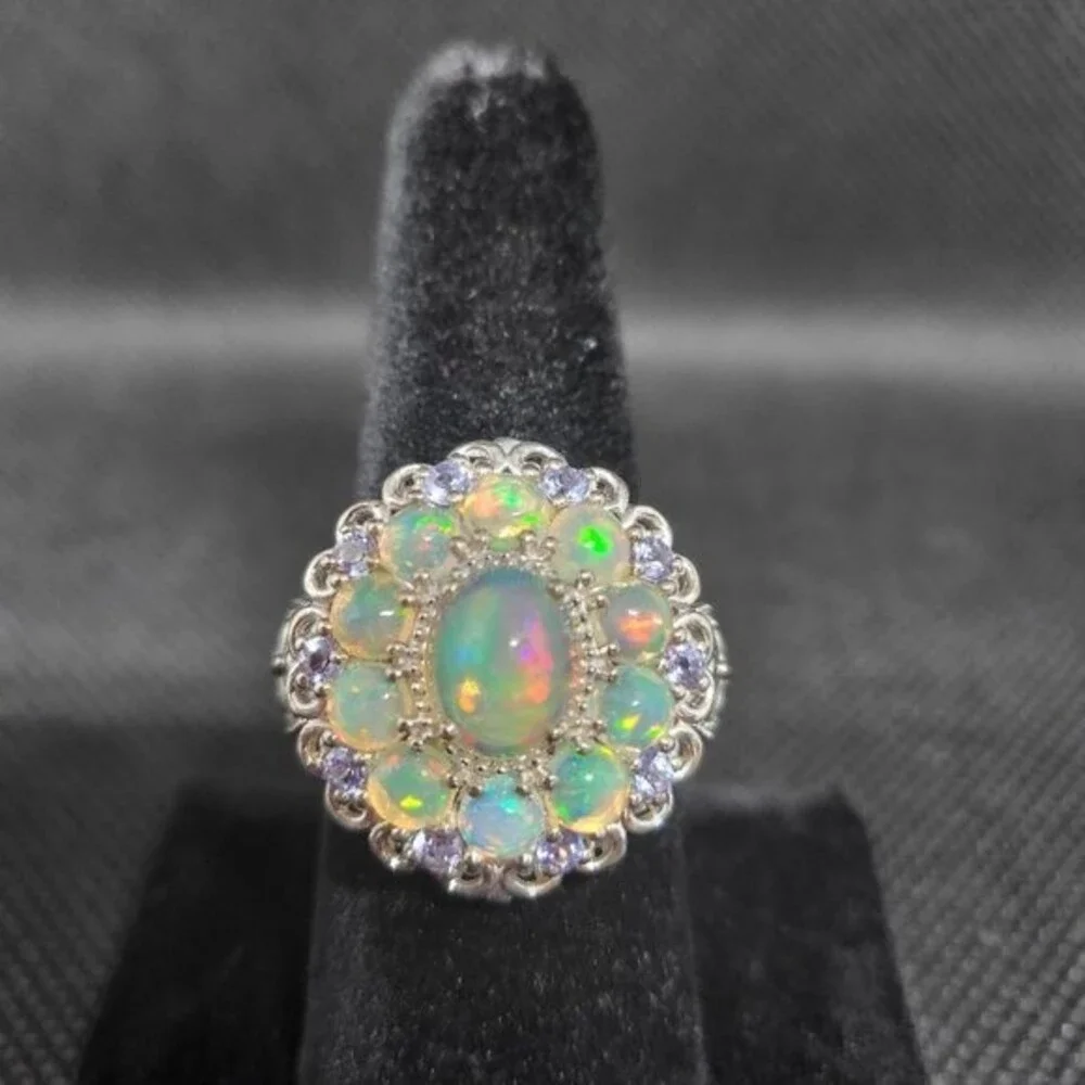 Snow-in-summer Floral Cluster Opal & Tanzanite Sterling Silver Ring